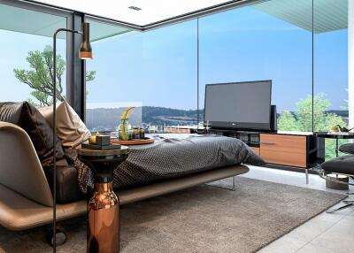 Modern bedroom with large windows and a scenic view