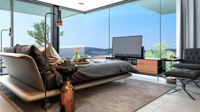 Modern bedroom with large windows and a scenic view