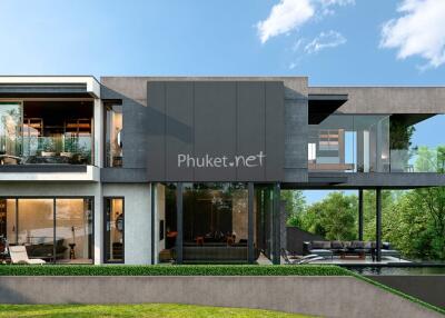 Modern two-story house with glass windows and outdoor pool area