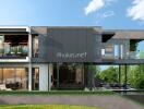 Modern two-story house with glass windows and outdoor pool area