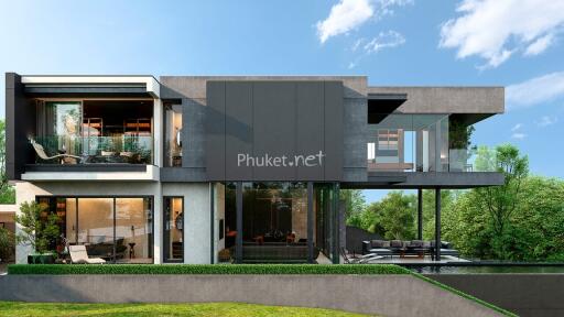 Modern two-story house with glass windows and outdoor pool area