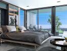 Modern bedroom with glass walls and a scenic view