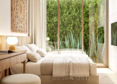 Modern bedroom with large window and greenery view