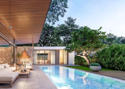 Modern outdoor living area with swimming pool and seating