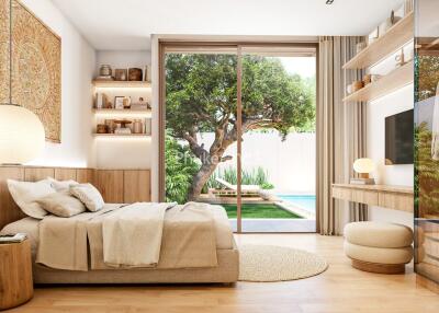 Modern bedroom with wooden furnishings and a view of a garden with a pool