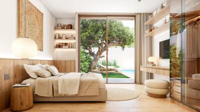 Modern bedroom with wooden furnishings and a view of a garden with a pool