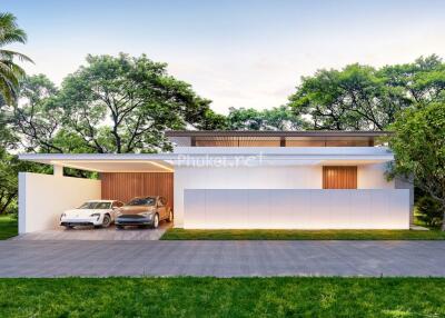 Modern house exterior with garage and luxury cars