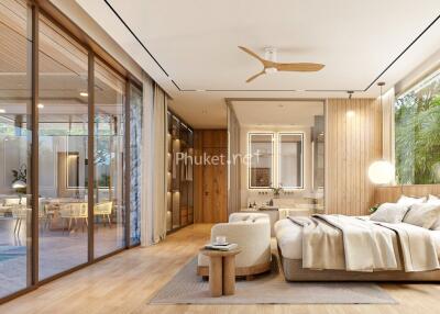 Spacious modern bedroom with large windows and wooden finishes