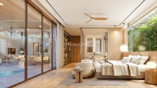 Spacious modern bedroom with large windows and wooden finishes