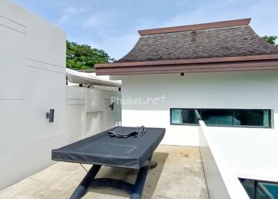 Rooftop patio with seating area