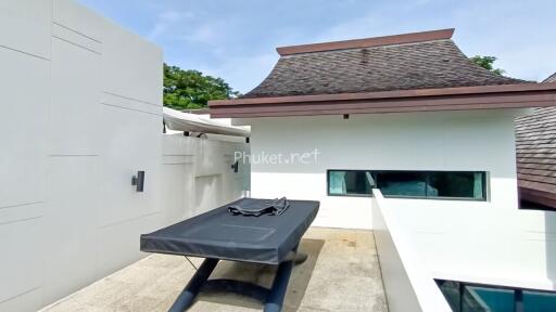 Rooftop patio with seating area