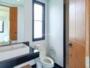 Modern bathroom with sink, mirror, and toilet