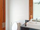 Modern bathroom with mirror, sink, and wooden-framed door