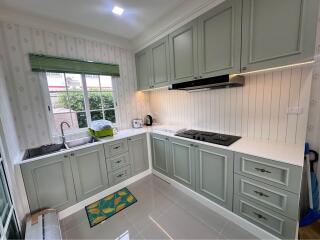 Modern kitchen with green cabinets and large window