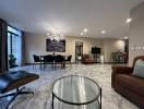 spacious modern living room with dining area and chandelier