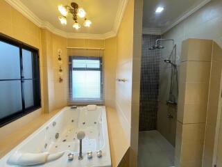 Modern bathroom with a bathtub and a shower area