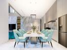 Modern dining area with elegant decor and contemporary furniture