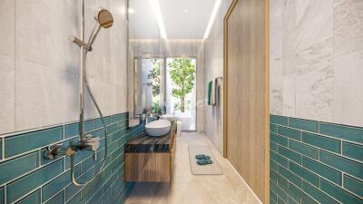 Modern bathroom with shower and dual sink vanity