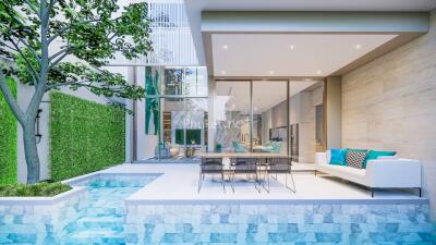 Modern outdoor living space with swimming pool