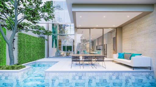 Modern outdoor living space with swimming pool