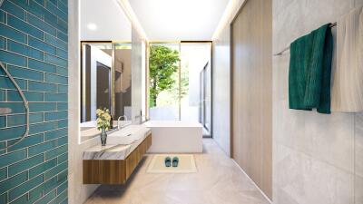 Modern bathroom with bathtub, wooden cabinets, and a large window