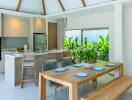 Modern kitchen and dining area with garden view