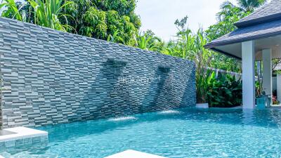 Stylish outdoor swimming pool area with stone wall and modern design