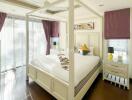 well-lit bedroom with a four-poster bed, bedside tables, and large windows