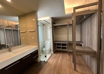 Modern bathroom with large mirror, double sink, shower, and walk-in closet