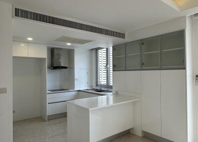 Modern white kitchen with island and built-in appliances