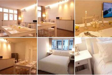 Collage of living space with dining area, kitchen, and bedroom