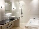 Modern bathroom with bathtub, shower and vanity