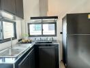 Modern kitchen with black cabinets and stainless steel appliances