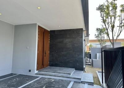 Modern house entrance with wooden door