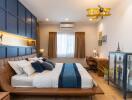Modern bedroom with a stylish design and various amenities