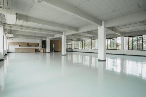 spacious open-plan commercial space with large windows and modern finishes