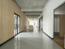 Modern hallway with polished floor, wooden accents, and multiple doorways