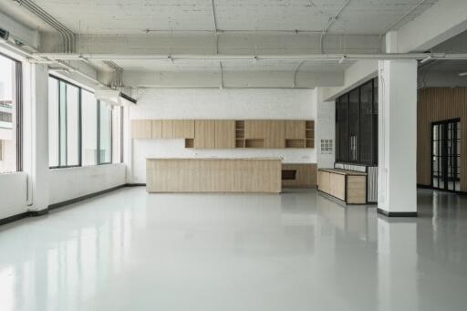 Modern kitchen with open space and large windows