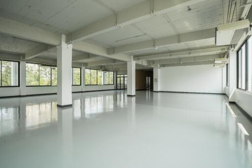 Spacious interior of commercial building with large windows