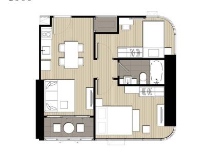 Apartment floor plan with two bedrooms, living room, kitchen, dining area, and bathroom