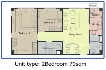 Floor plan of a 70 sqm unit with 2 bedrooms, 2 bathrooms, living room, kitchen, and balcony