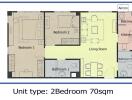 Floor plan of a 70 sqm unit with 2 bedrooms, 2 bathrooms, living room, kitchen, and balcony
