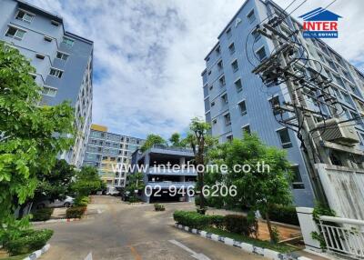 exterior view of apartment buildings with surrounding greenery