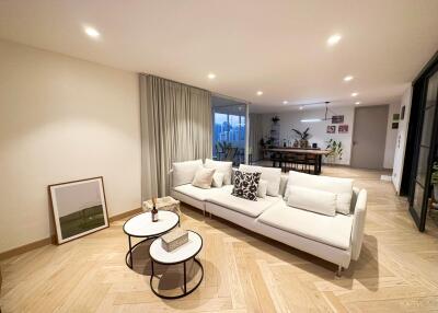 Modern living room with white sofa and coffee tables