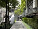 Pathway in front of a building with greenery