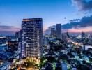 Skyline view of a city with tall buildings at dusk