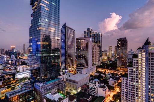 City skyline with modern skyscrapers and buildings at twilight