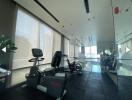 Modern gym with exercise equipment and large windows