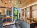 Modern bathroom with wood accents and glass shower