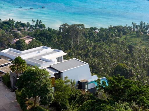 Aerial view of a modern building surrounded by lush greenery with a beach and ocean in the background